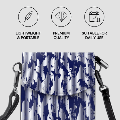 Small bag with blue and white pattern on a light gray background, featuring icons and text about product features.