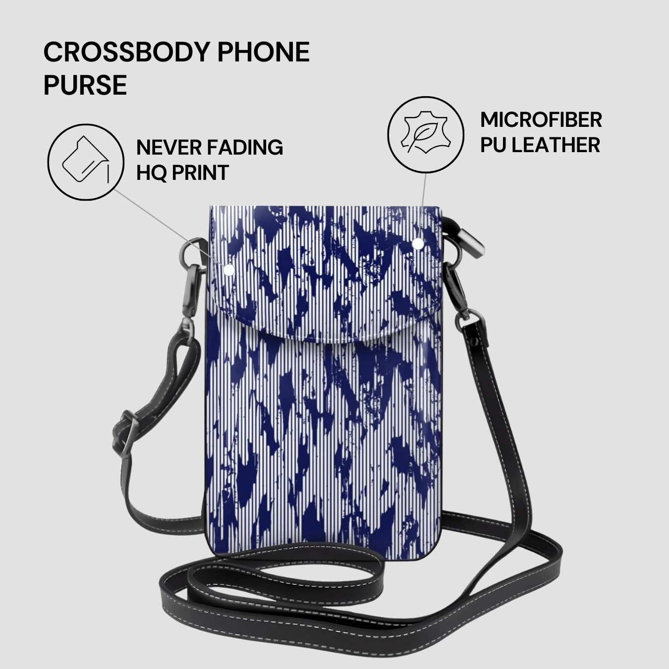 Crossbody phone purse with blue abstract pattern on a light gray background