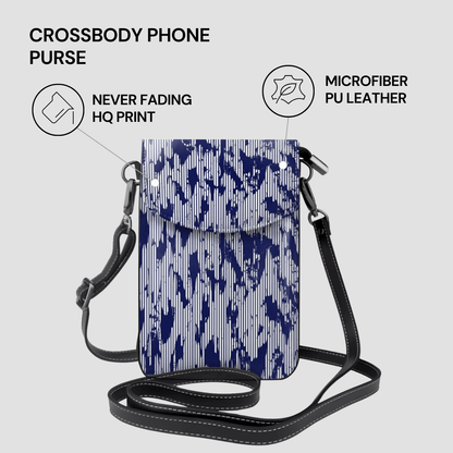 Crossbody phone purse with blue abstract pattern on a light gray background