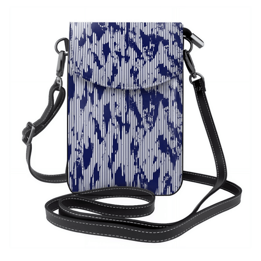 Small crossbody bag with blue abstract pattern on a white background