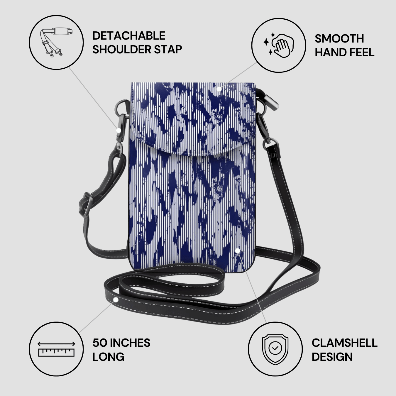 Blue camouflage crossbody bag with features highlighted on a gray background