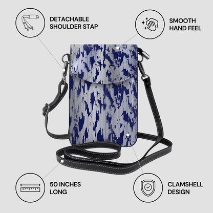 Blue camouflage crossbody bag with features highlighted on a gray background