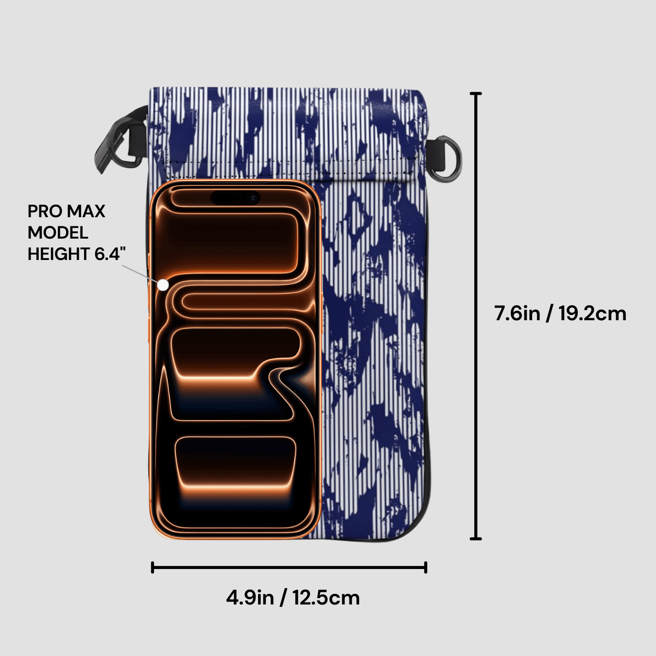 Phone case with measurements and design details on a light gray background