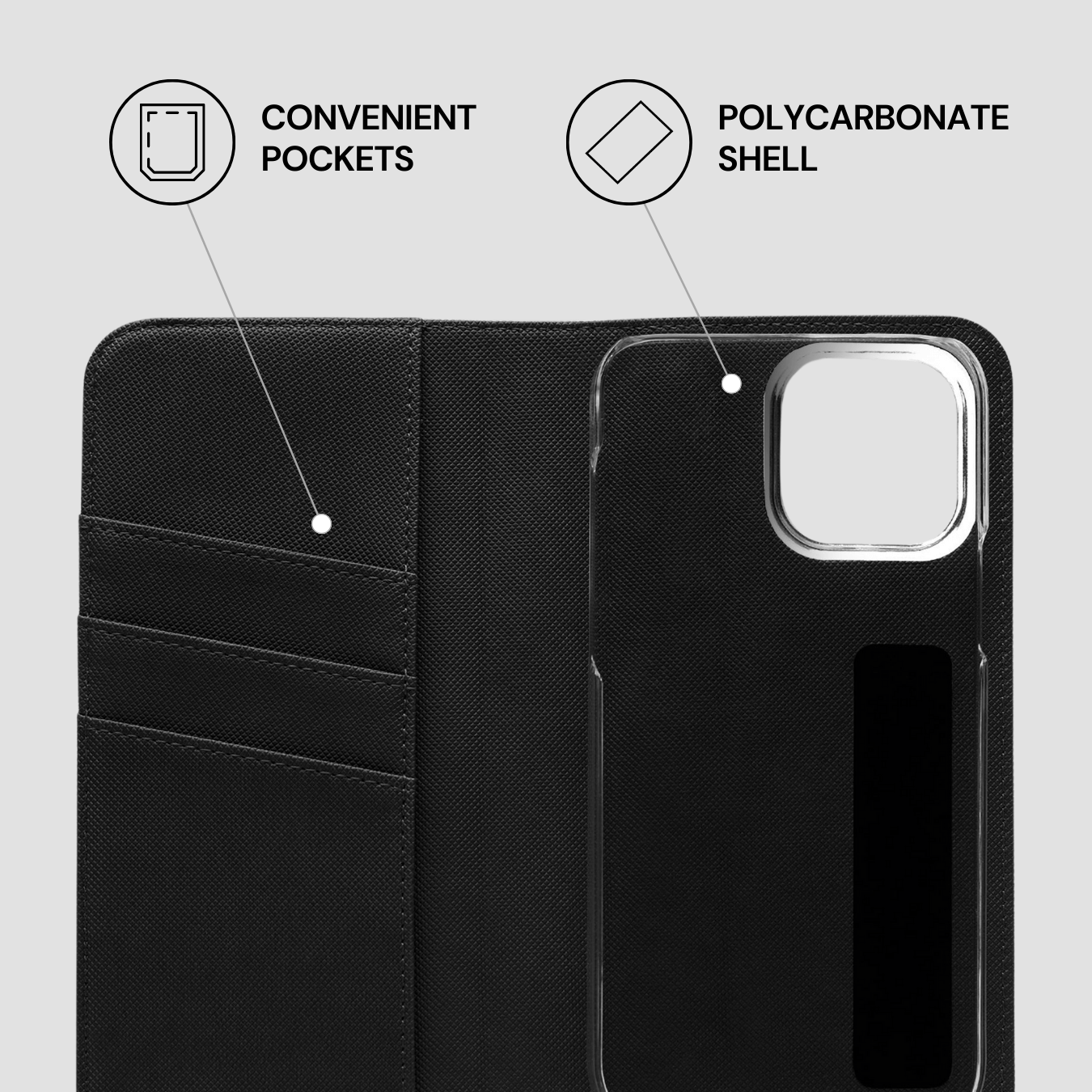 Black phone case with convenient pockets and polycarbonate shell features on a gray background