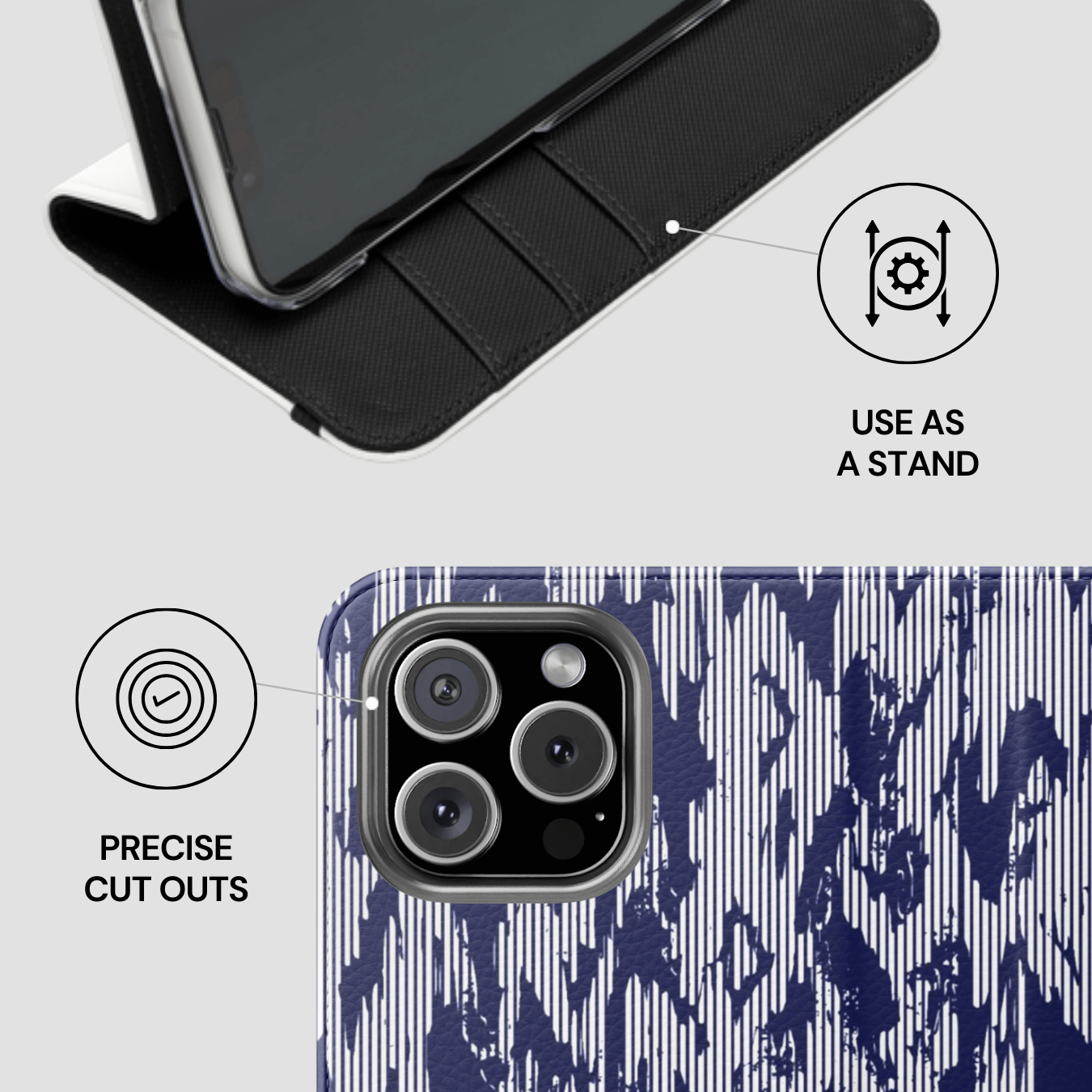 Phone case with stand feature and design details on a white background