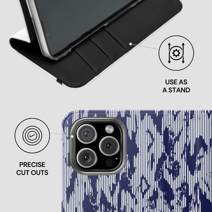 Phone case with stand feature and design details on a white background