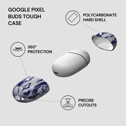 Google Pixel Buds Tough Case with features highlighted on a white background