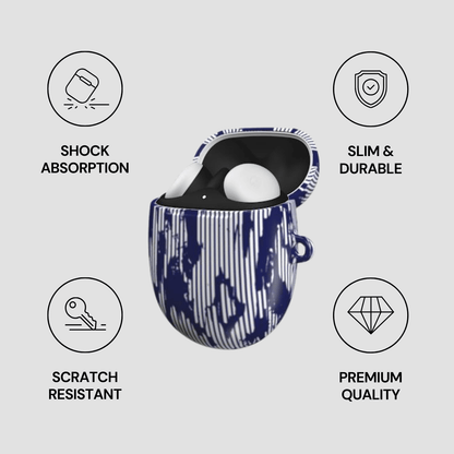 Blue and white patterned case with icons and text highlighting features on a light gray background