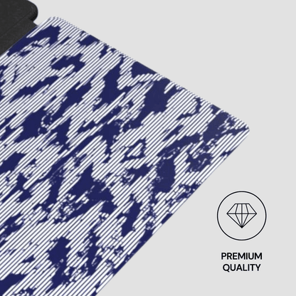 Textile with blue geometric pattern on a white background, featuring a 'Premium Quality' label.