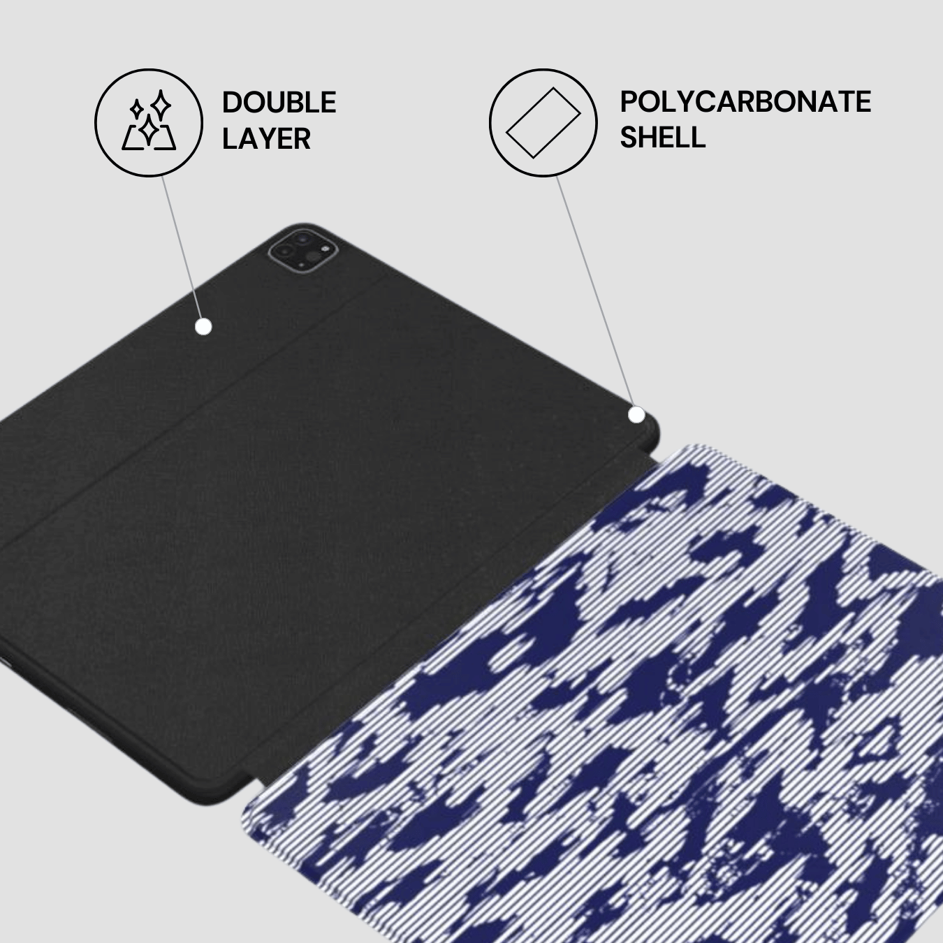 Black tablet case with blue camouflage pattern on a gray background