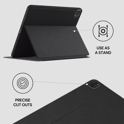 Black tablet case with stand feature on a light gray background