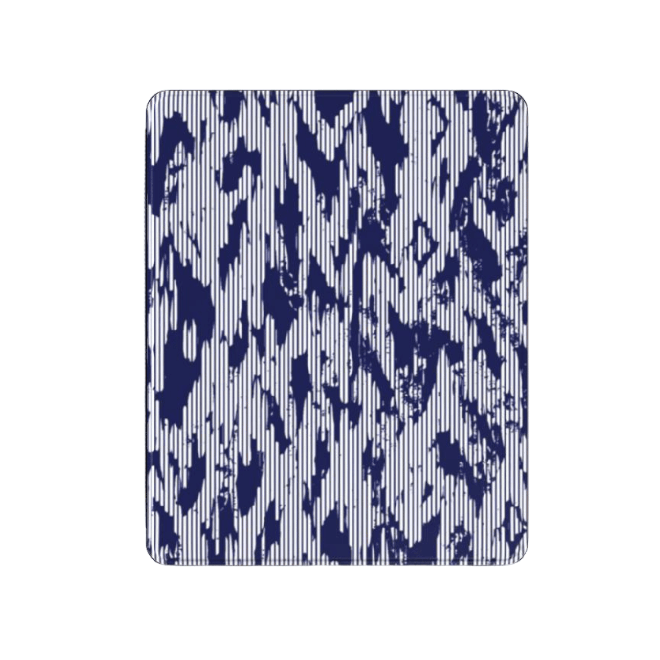 Patterned fabric swatch with blue and white design on a white background