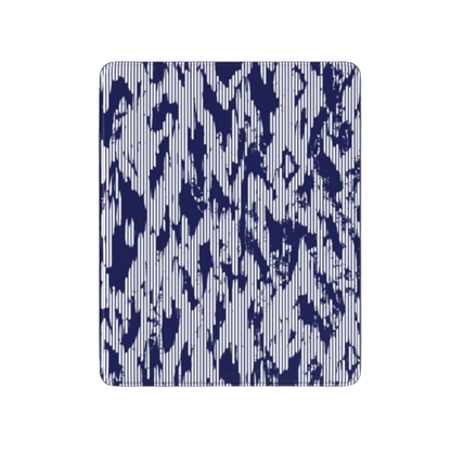 Patterned fabric swatch with blue and white design on a white background