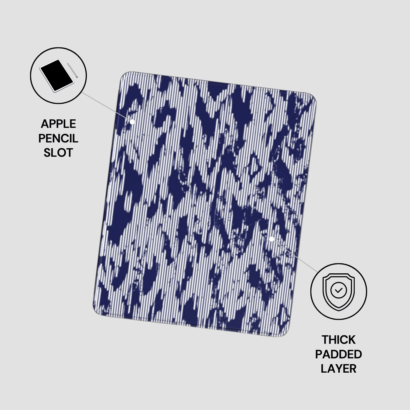 Patterned protective case with Apple Pencil slot and thick padded layer on a light gray background