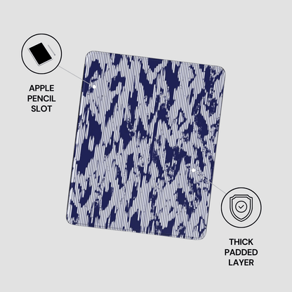 Patterned protective case with Apple Pencil slot and thick padded layer on a light gray background