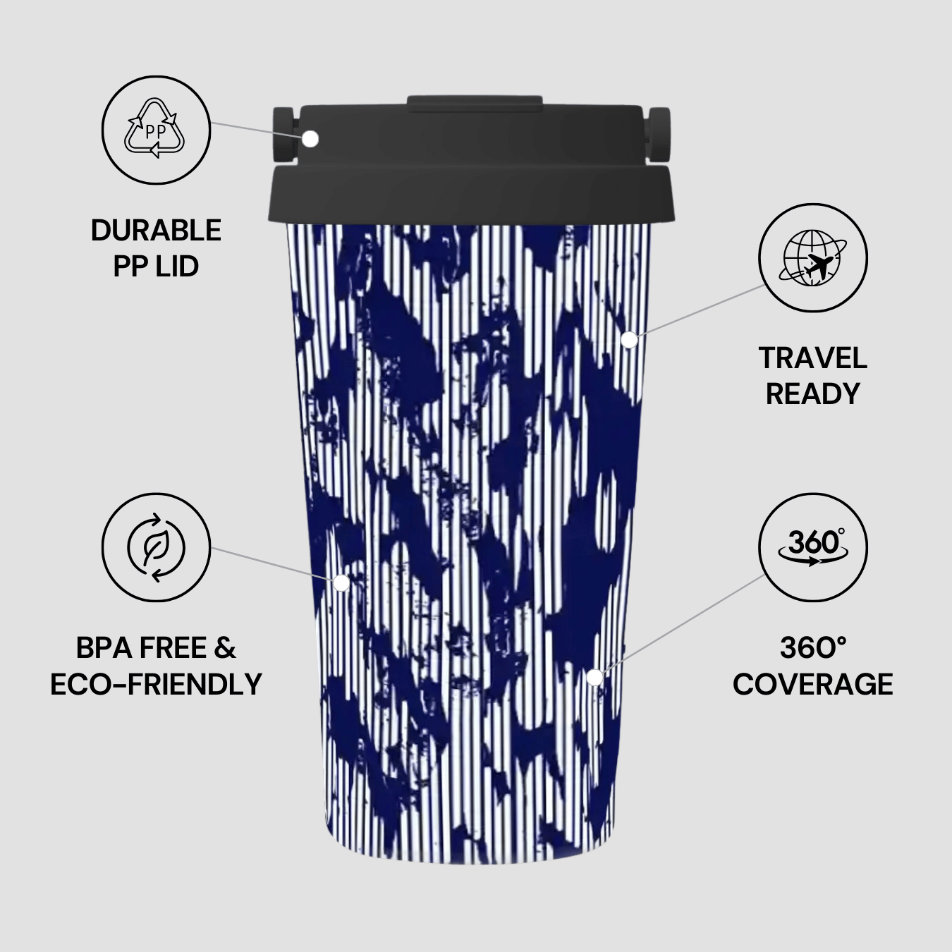 Tumbler with blue pattern on a white background, featuring durability, travel readiness, BPA-free, and eco-friendly attributes.