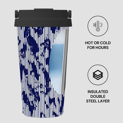Insulated tumbler with blue abstract design and black lid on a light gray background