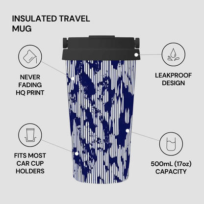 Insulated travel mug with blue abstract design on a gray background, featuring text highlighting features.