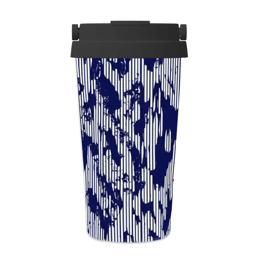 Tumbler with blue abstract pattern on a white background