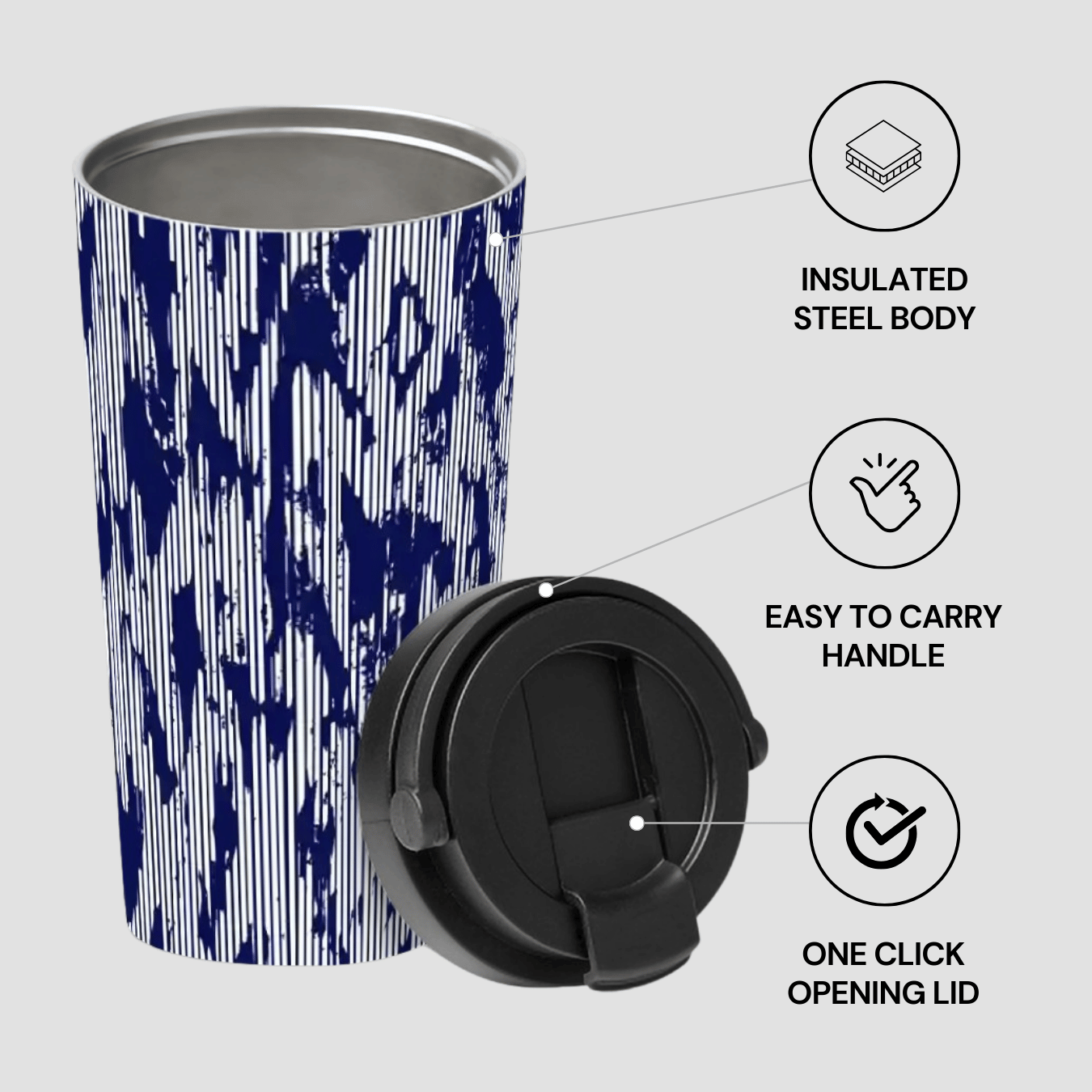 Tumbler with blue abstract pattern, black lid, and text highlighting features on a white background