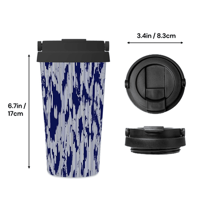 Travel mug with blue and white pattern and black lid, showing dimensions on a white background.