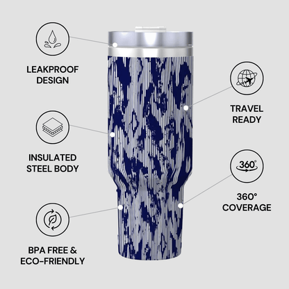 Tumbler with blue camouflage pattern and features listed on a gray background