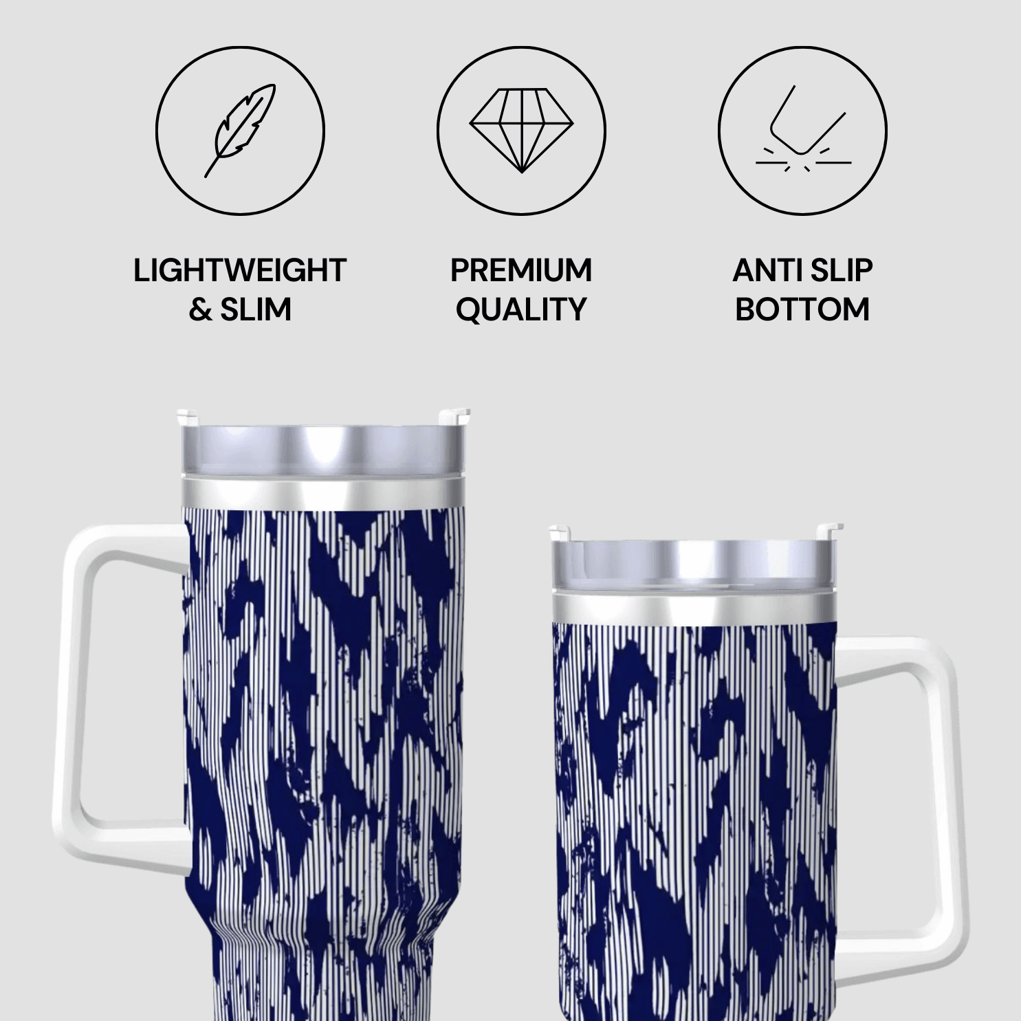 Two travel mugs with a blue and white pattern, featuring icons and text describing features like 'Lightweight & Slim', 'Premium Quality', and 'Anti Slip Bottom'.