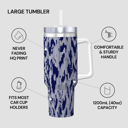 Large tumbler with blue camouflage pattern and white handle, featuring text on its features.
