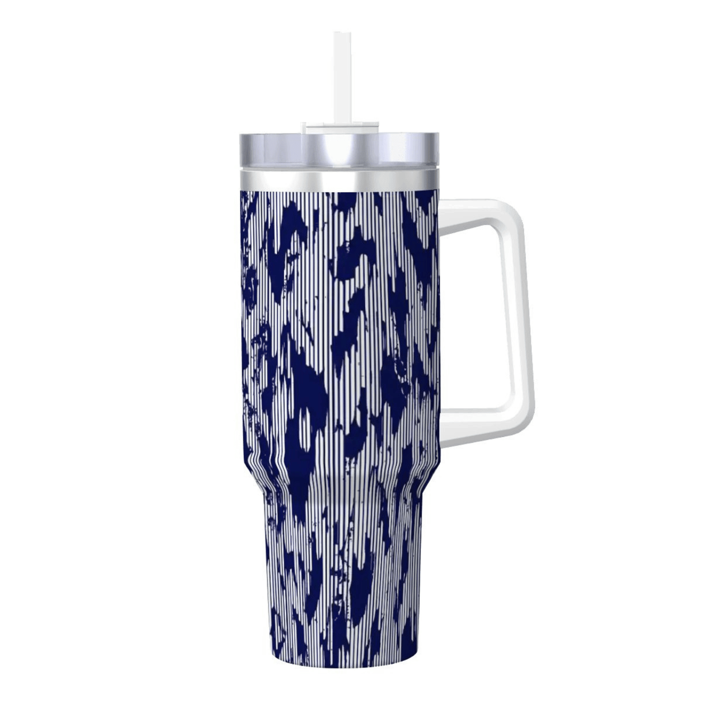 Tumbler with blue abstract pattern and white handle on a white background