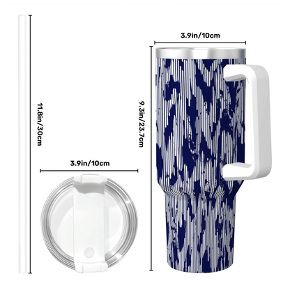 Tumbler with blue and white pattern and measurements on a white background