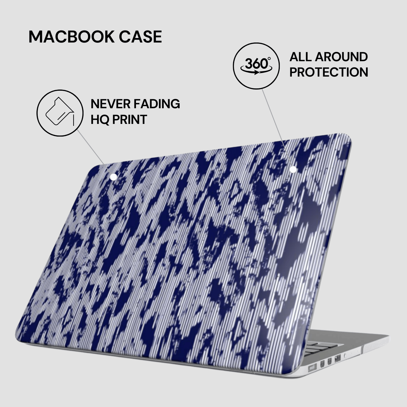 Macbook case with blue abstract pattern on a white background