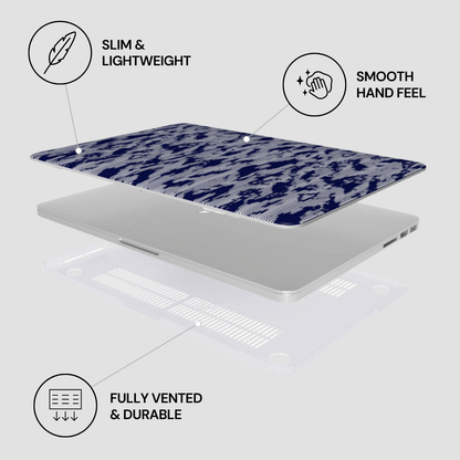 Laptop with blue camouflage pattern on a white background, featuring text labels about features.