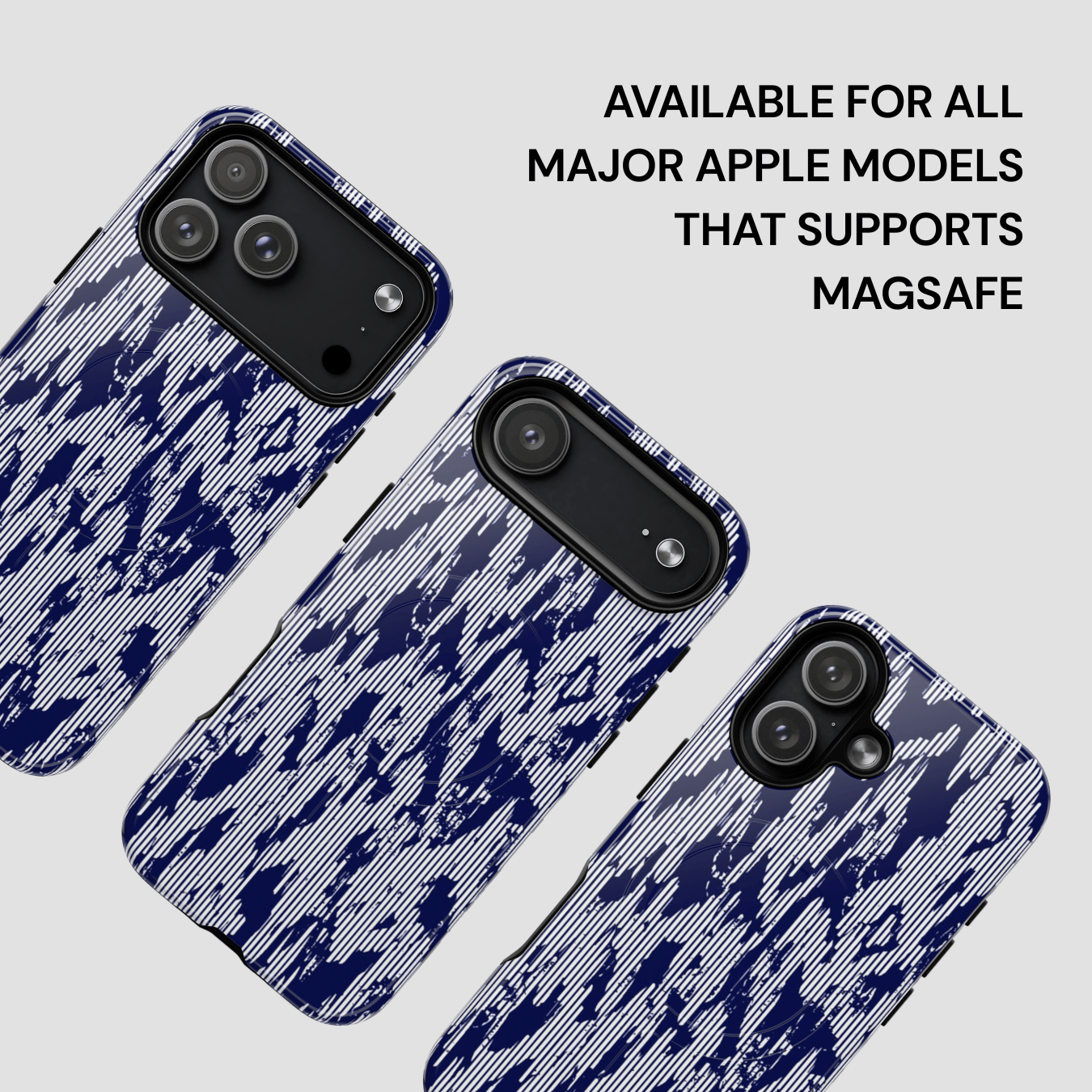 Blue and black patterned phone case on a gray background with text about compatibility.