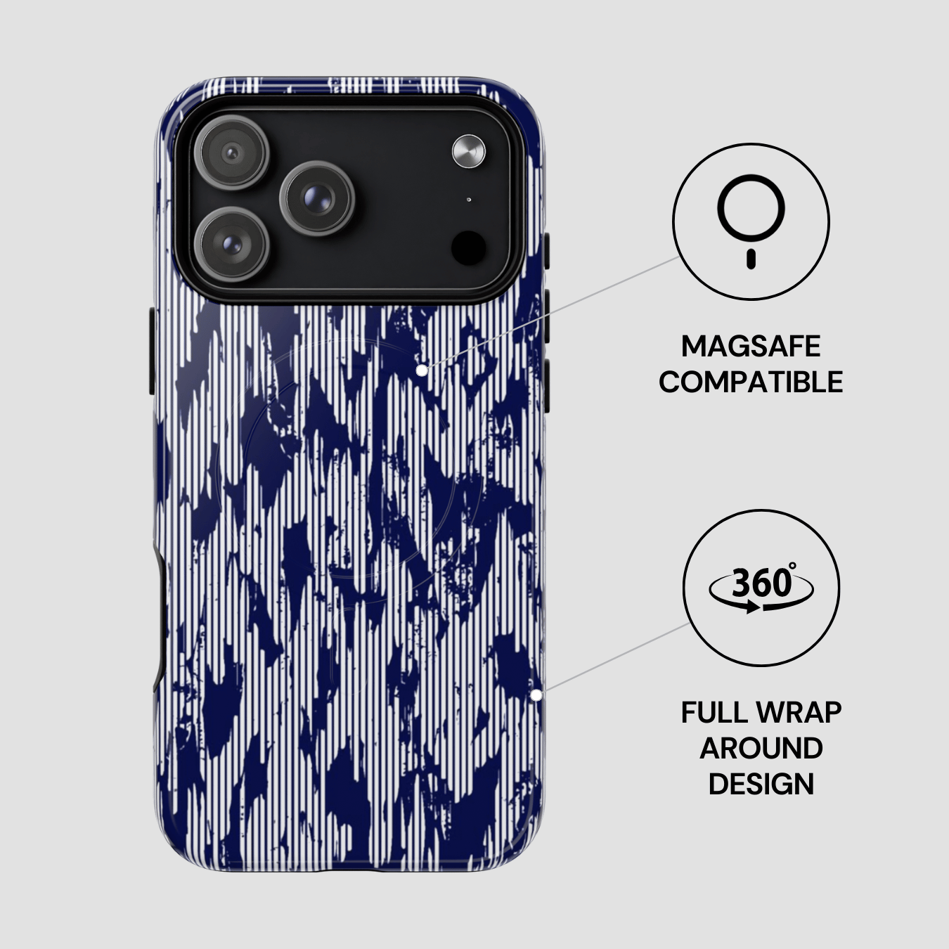 Indigo Weave MagSafe Tough Case pattern on a white background, featuring Magsafe compatibility and full wrap around design text.
