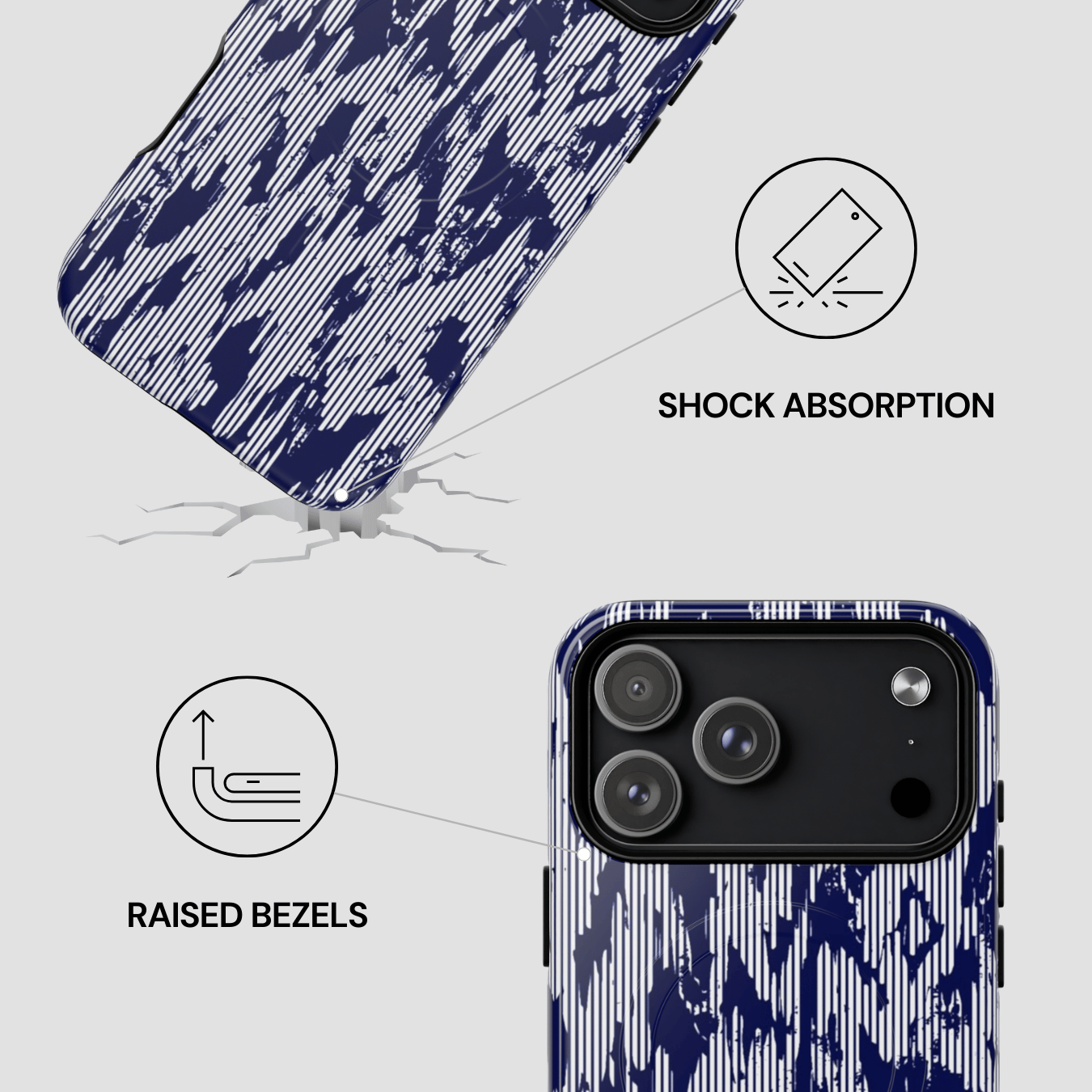 Phone case with blue abstract pattern on a white background, featuring icons and text about shock absorption and raised bezels.