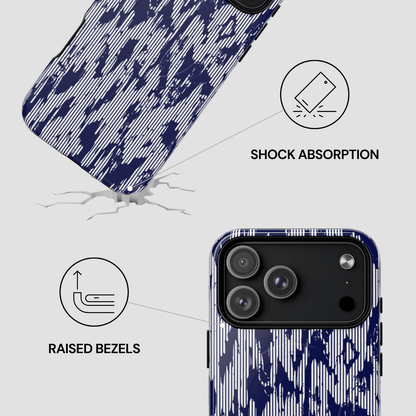 Phone case with blue abstract pattern on a white background, featuring icons and text about shock absorption and raised bezels.