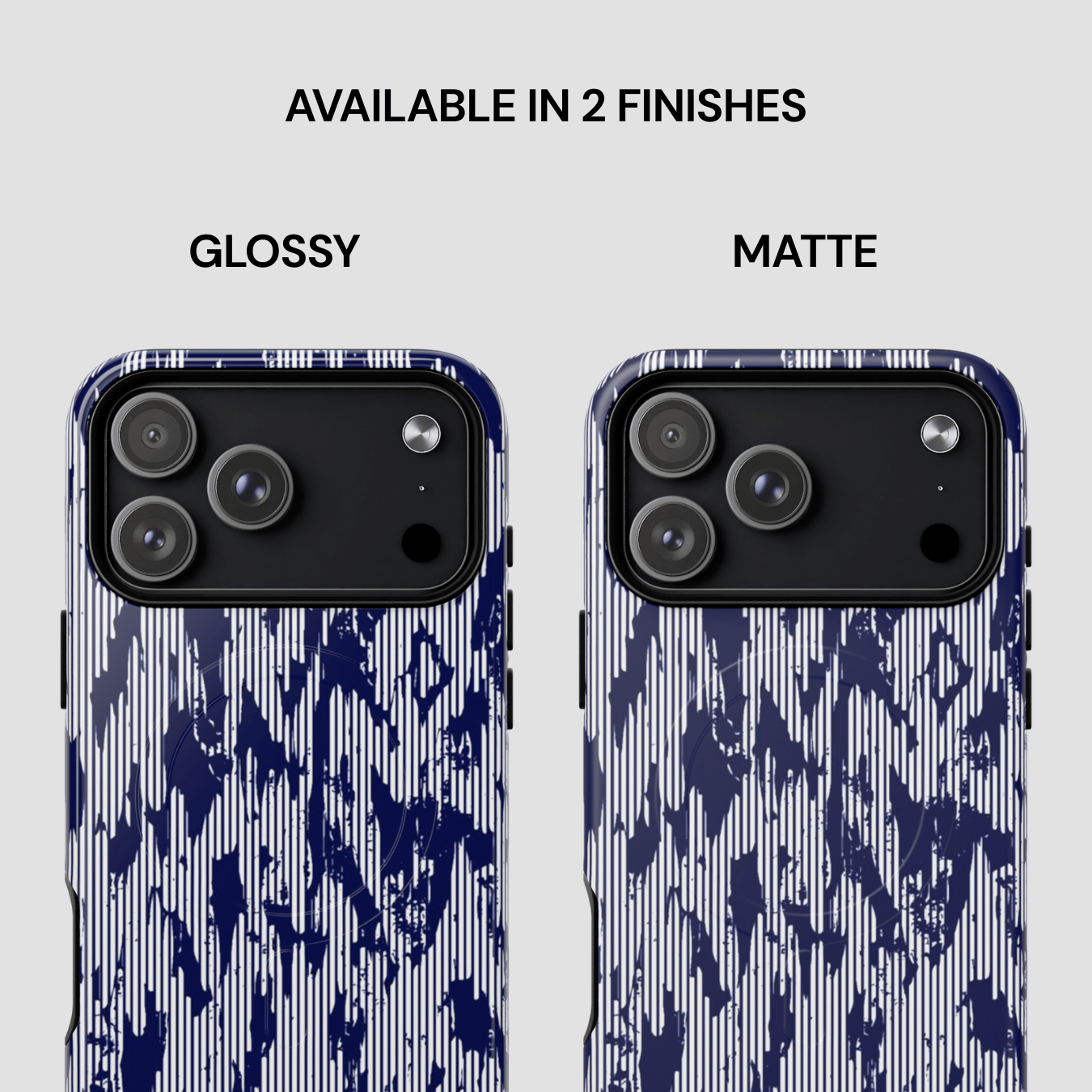 Two phone case designs, one glossy and one matte, with a blue abstract pattern on a white background.