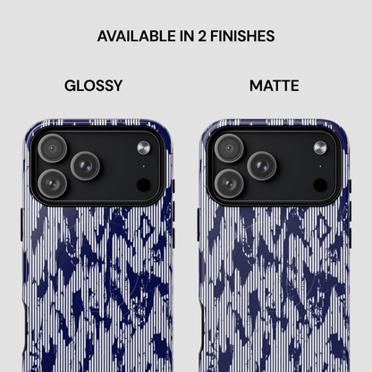Two phone case designs, one glossy and one matte, with a blue abstract pattern on a white background.