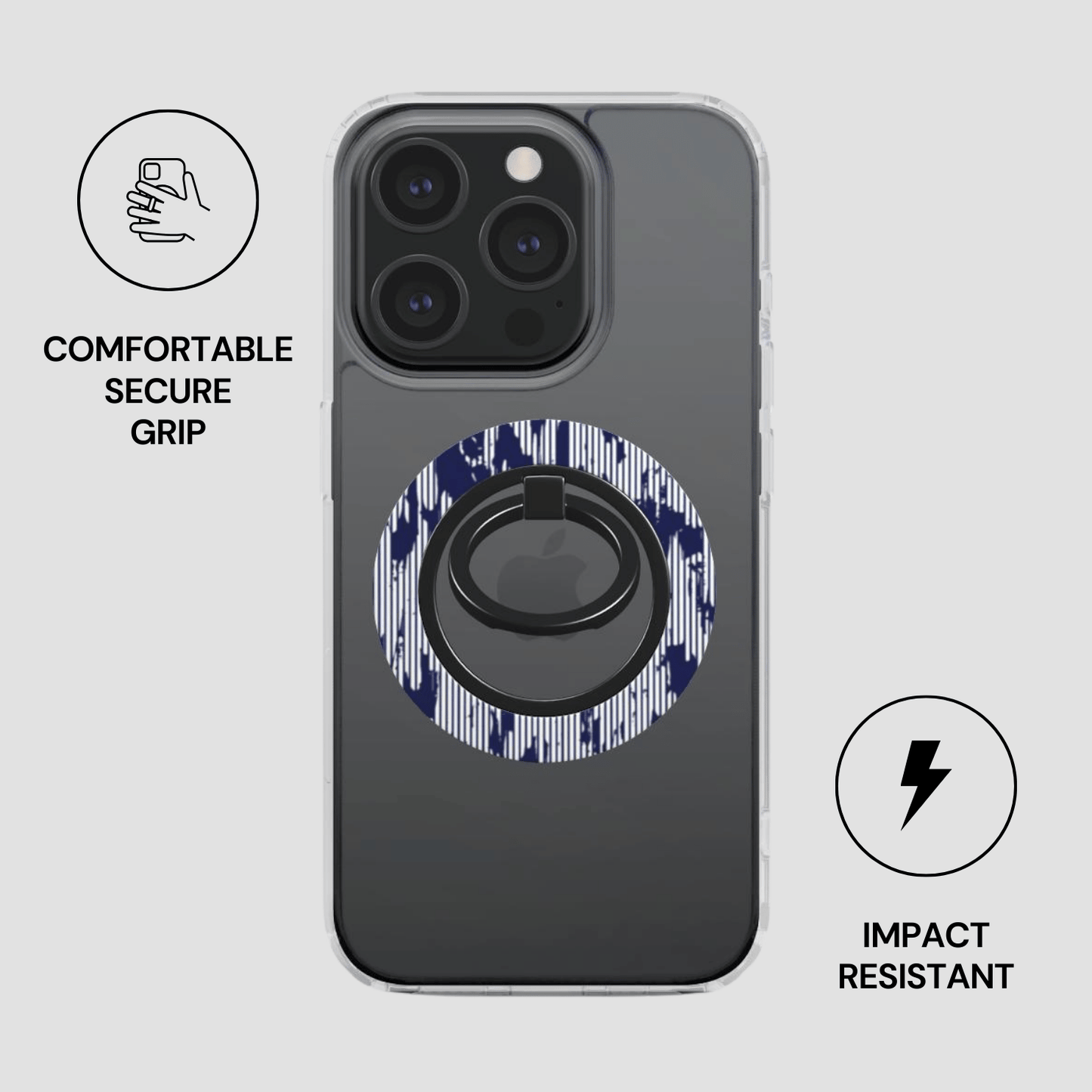 Phone case with ring holder and text about comfort, security, and impact resistance on a light gray background