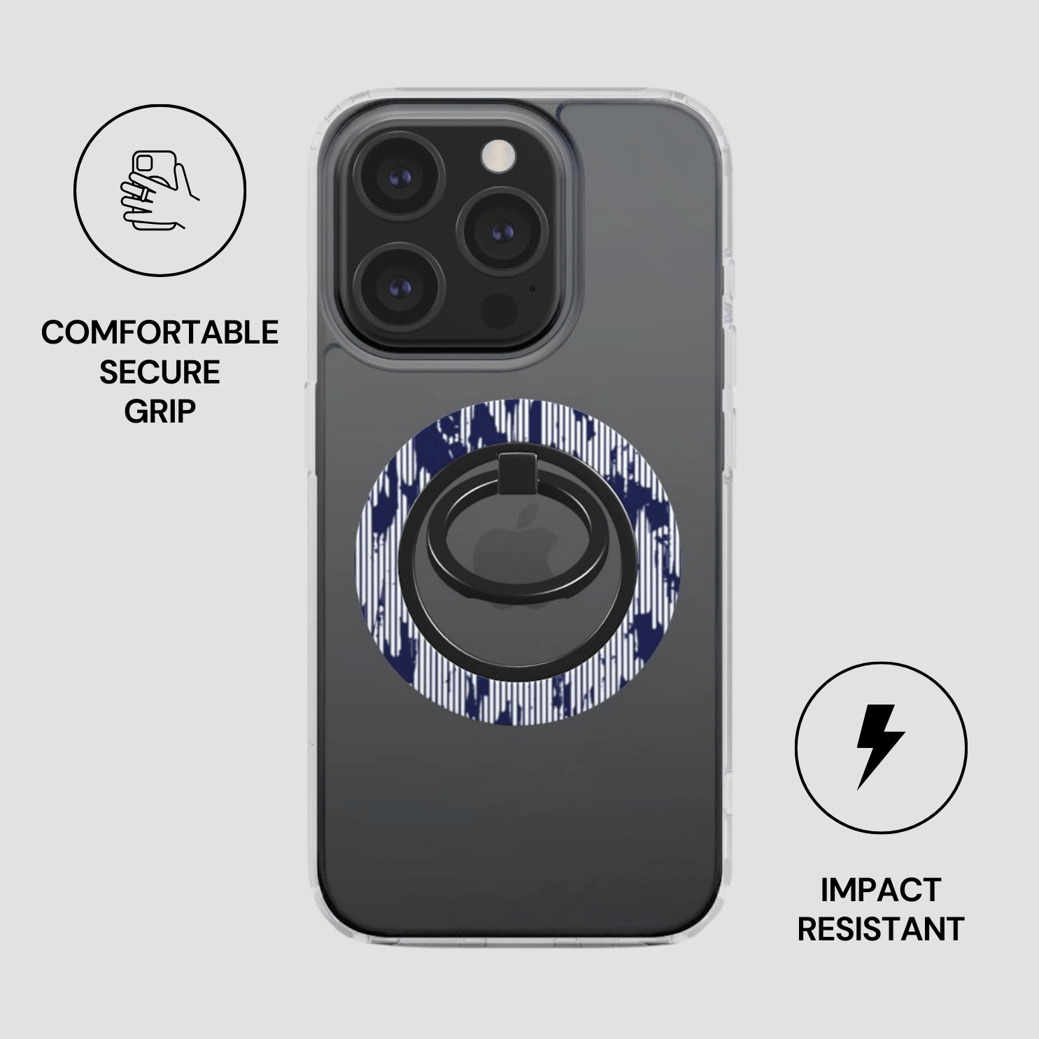 Phone case with ring holder and text about comfort, security, and impact resistance on a light gray background