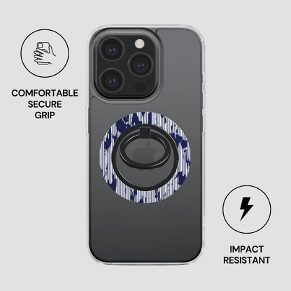 Phone case with ring holder and text about comfort, security, and impact resistance on a light gray background