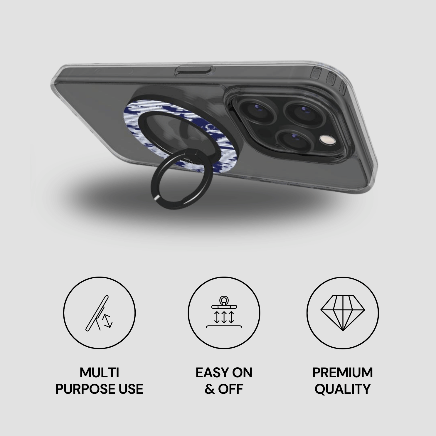 Phone case with ring holder on a gray background