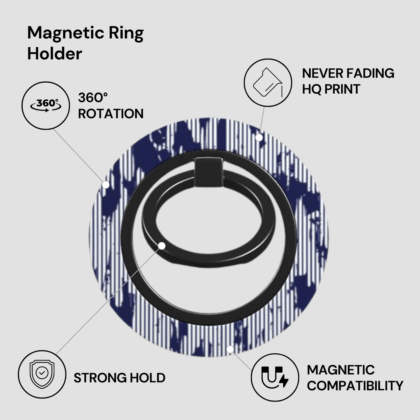 Magnetic ring holder with features highlighted on a white background