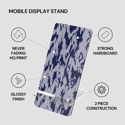 Mobile display stand with features listed on a gray background