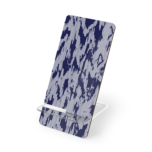 Phone stand with blue and white pattern on a white background