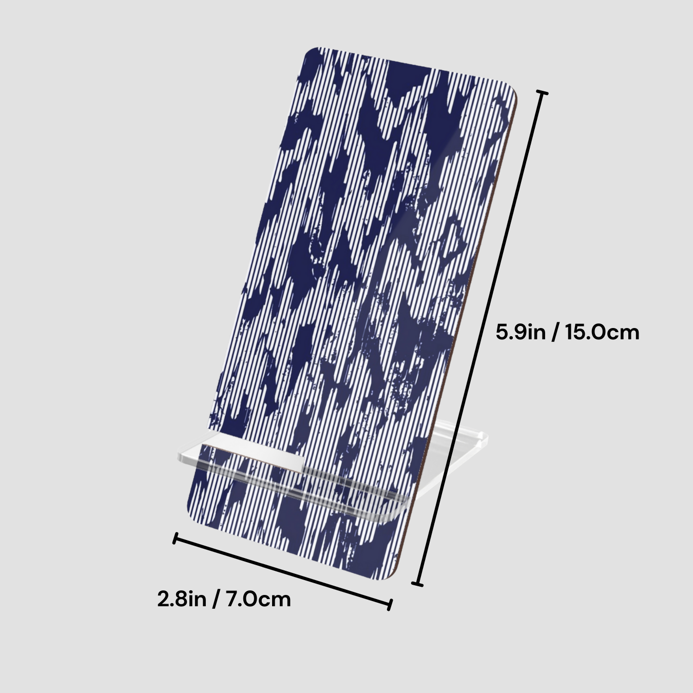 Blue and white patterned product with dimensions on a gray background