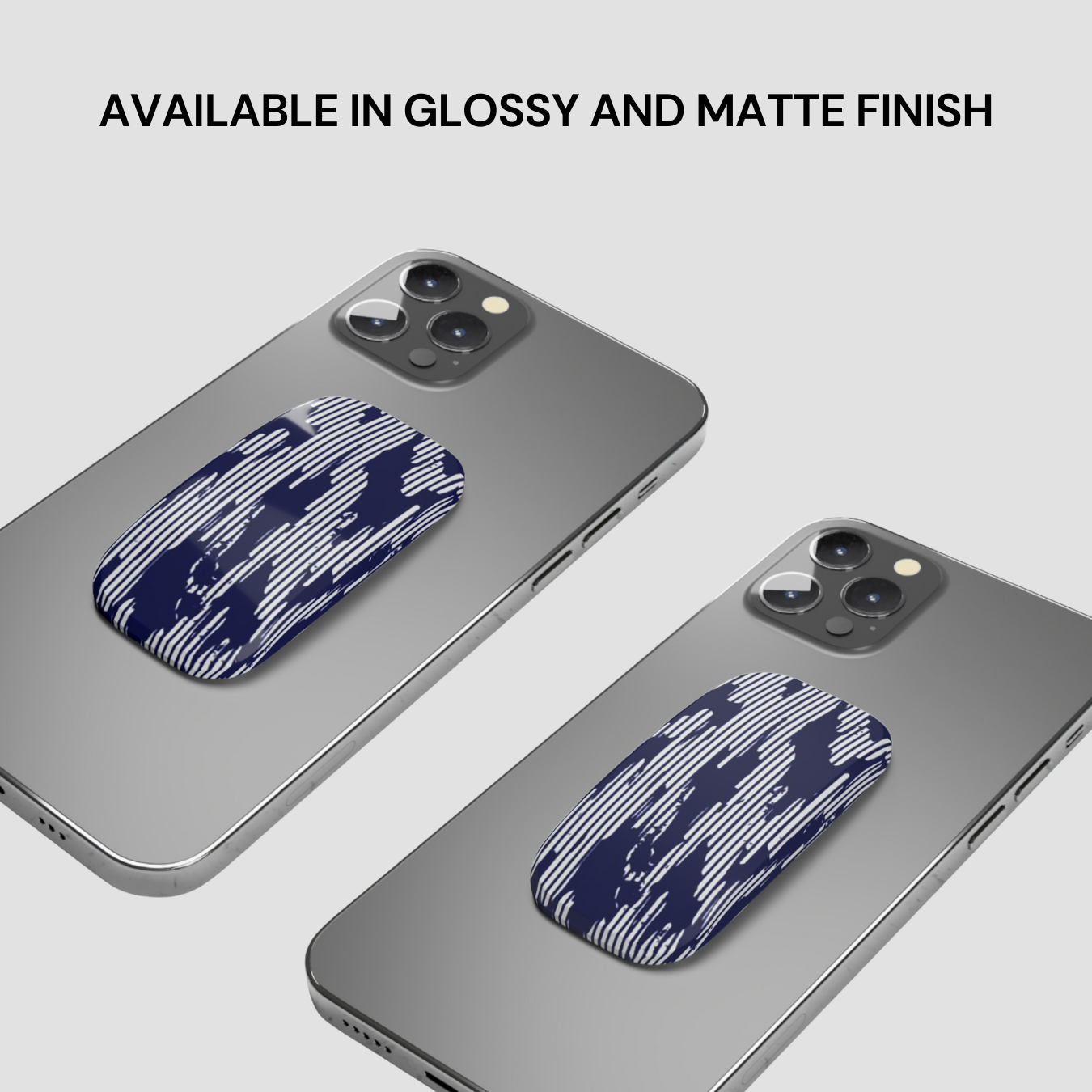 Two phone cases with a blue and white pattern on a gray background, with text indicating finish options.