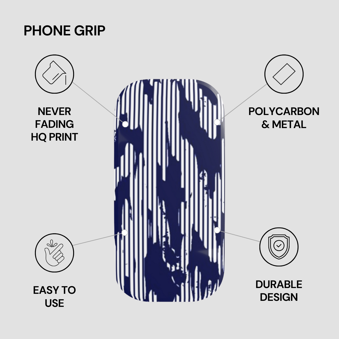 Phone grip with features listed on a gray background
