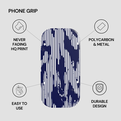 Phone grip with features listed on a gray background