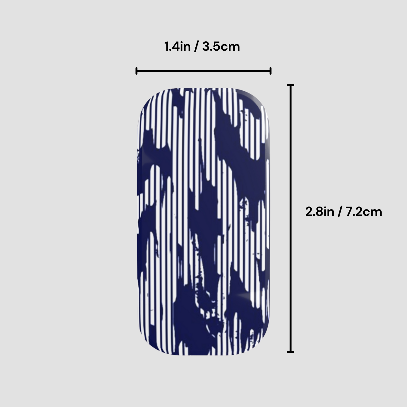 Navy blue nail wrap with white stripes and measurements on a gray background